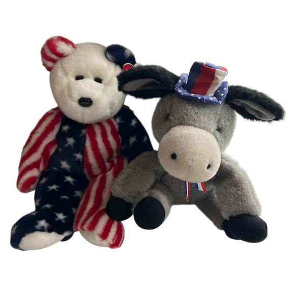 Ty Beanie Babies 1999 Spangle Bear Gibson Righty Donkey Patriotic Plush Bundle - Picture 1 of 10